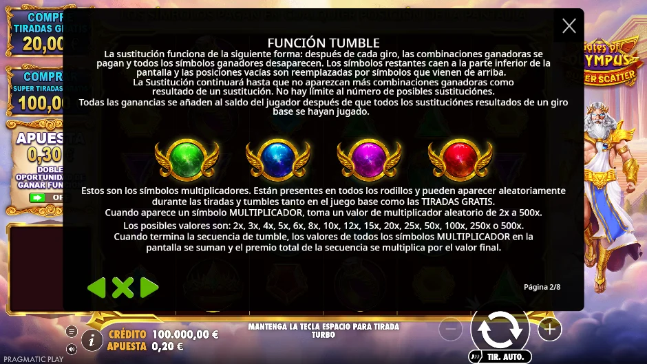 Gates of Olympus Super Scatter — función tumble y multiplicadores